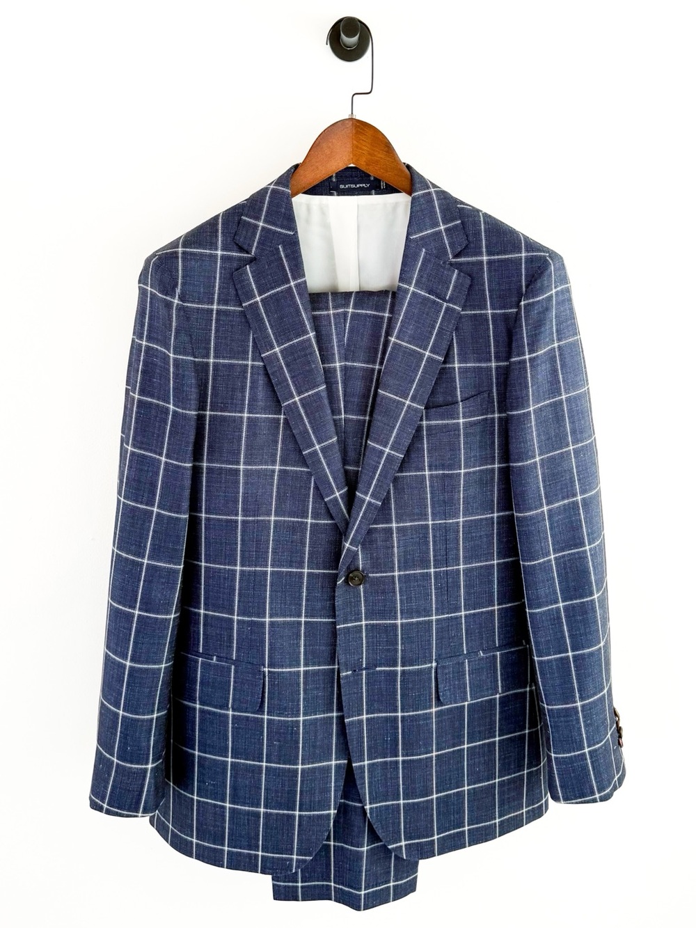NEW Suitsupply Sienna Men's Blue Windowpane Suit Silk Wool Linen Blue White 40R - Picture 1 of 16